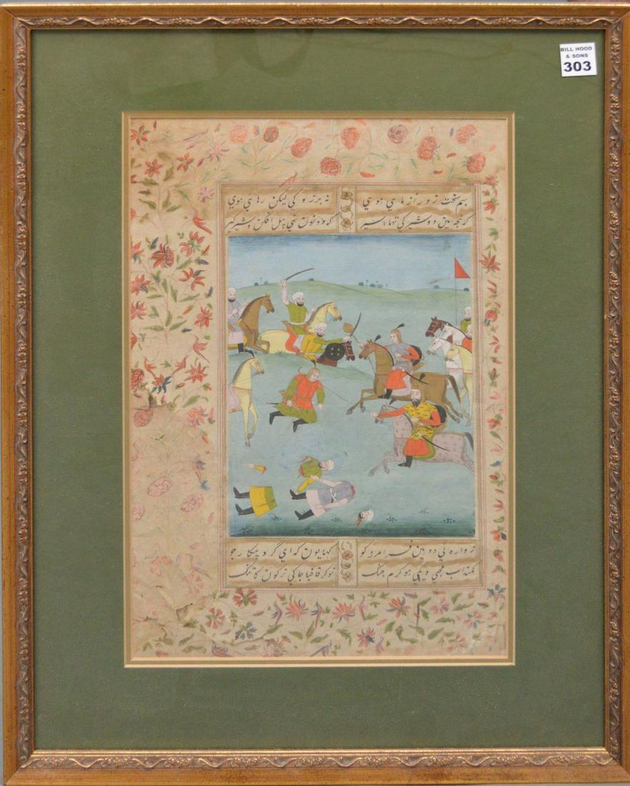 Pair of Antique Indian Mughal Horse Battle Watercolor: Pair of Antique Indian Mughal Horse Battle Watercolor paintings, 17 x 11 inches sight size. Framed 24 x 18-1/2 inches