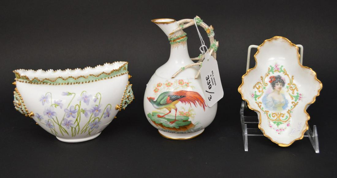 3 antique porcelain pieces, (2) Lotus Ware & (1): 3 antique porcelain pieces, (2) Lotus Ware & (1) Limoges, ewer, vase and dish