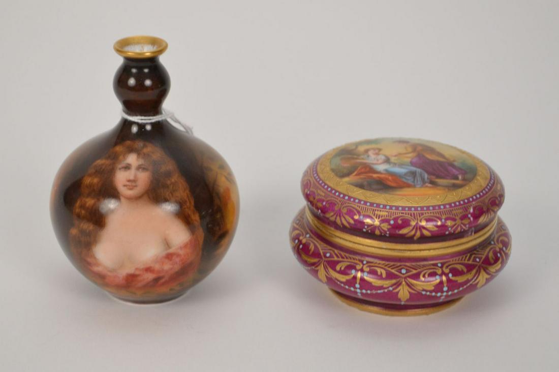 Royal Vienna signed hand painted dresser box and signed: Royal Vienna signed hand painted dresser box and signed Limoges miniature portrait vase, 3 1/2"h