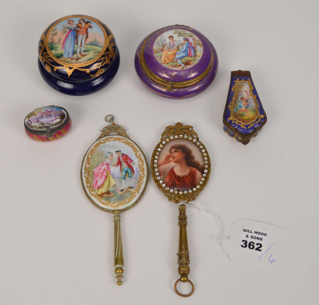 6 lots, 2 dresser jars, 2 Continental miniature hinged: 6 lots, 2 dresser jars, 2 Continental miniature hinged (as is), trinket boxes, and 2 hand painted miniature hand mirrors