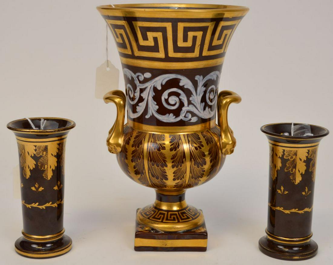 3 Minton's Glaze Pottery Brown with Gold Designs. 1 Urn: 3 Minton's Glaze Pottery Brown with Gold Designs. 1 Urn 10" and 2 vase 5.25" tall. Condition no identified issue minimal gold loss.