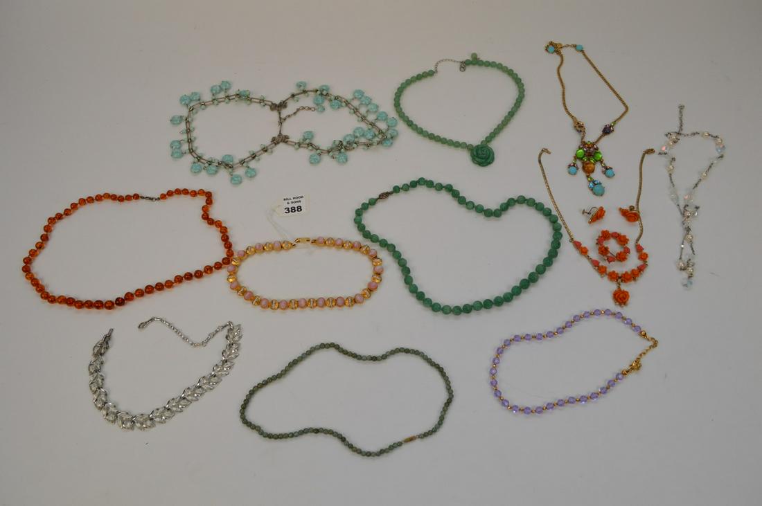 13 pc Designer Signed Costume Lot. 10 Necklace and 1: 13 pc Designer Signed Costume Lot. 10 Necklace and 1 Necklace set. Designer Names Carolee Lux, D'Orlan, 2 Swarovski, Coro, Kramer, 3 Jade Jadeite, Sterling clasp Baltic amber bead necklace. Necklace s
