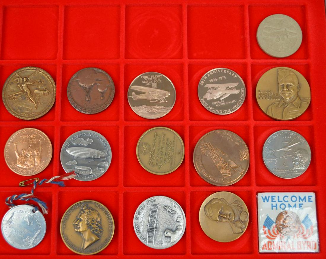 Lot of 16 Aviation Medals/Coins to include: Welcome: Lot of 16 Aviation Medals/Coins to include: Welcome Home Admiral Byrd Penny, 40th Anniversary of Albequergue Commercial Aviation, "First Flight" marked Longines Symphonette Sterling, Jose & Etien Mont