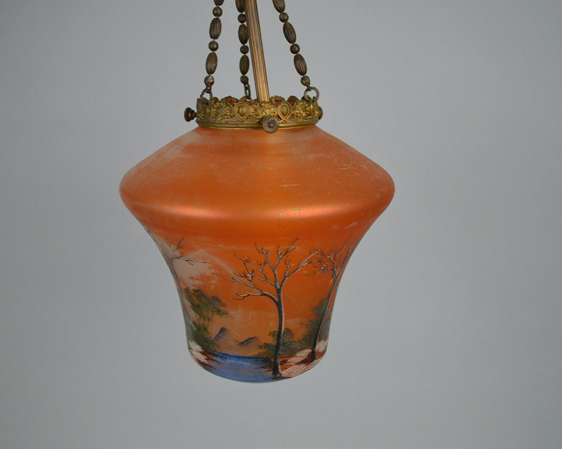 Vintage Art glass painted landscape pendant lamp with: Vintage Art glass painted landscape pendant lamp with brass fittings