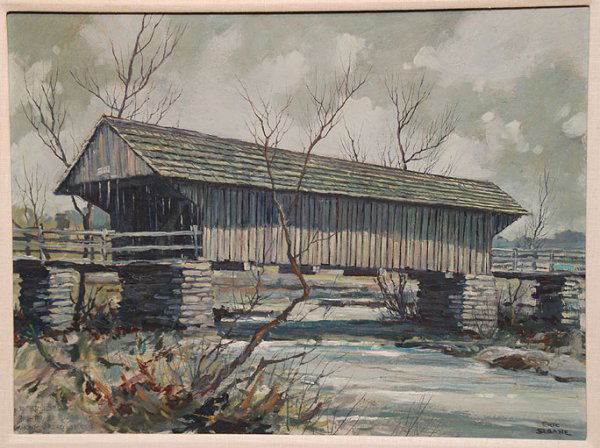 Eric Sloane N.A. American Covered Bridge: Eric Sloane N.A. (American 1910-1985) "Joy Bride Bridge, Hightower River, Georgia" Oil on Board 18" x 24" Signed lower right and titled lower left In original artist's frame.