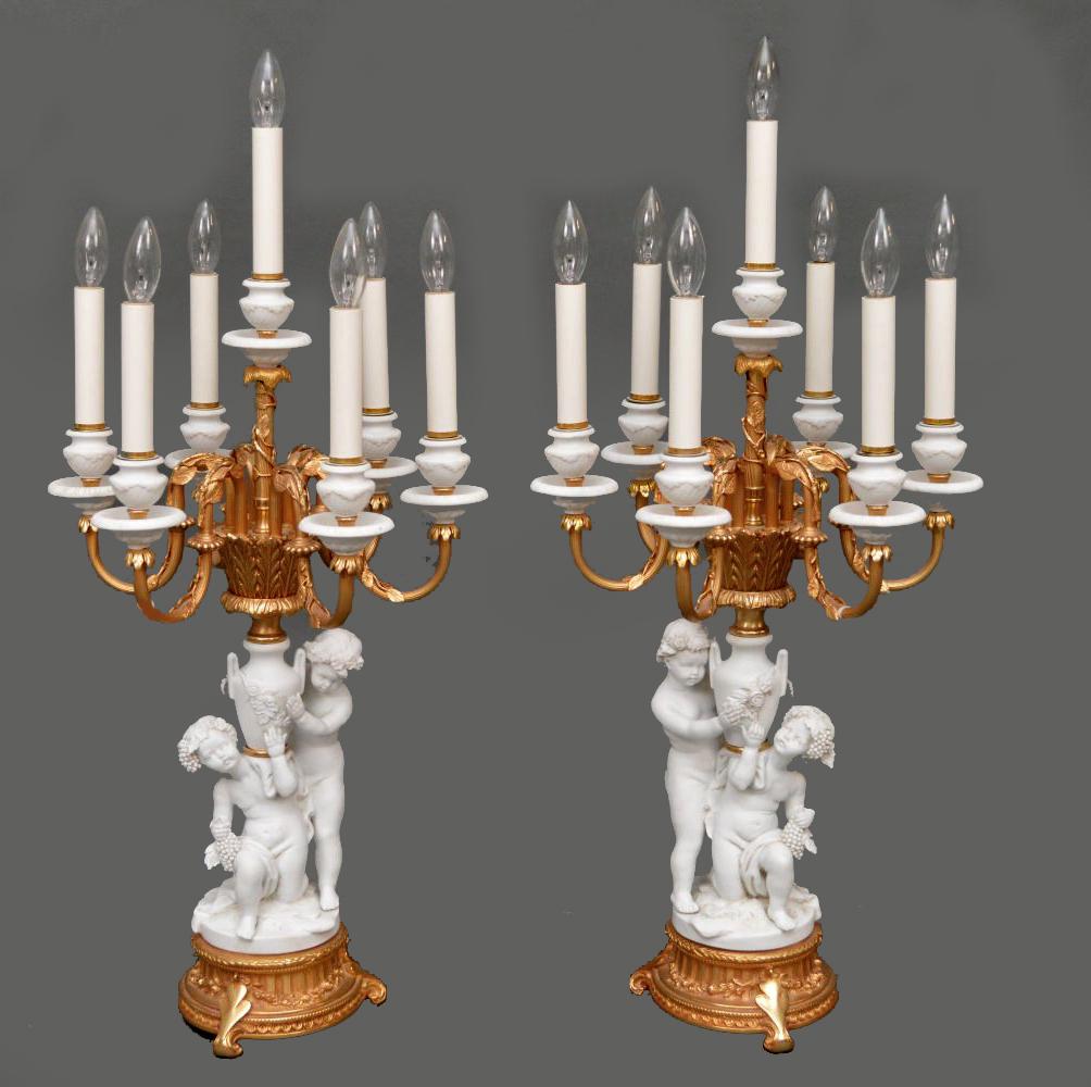 Pair French Gilt Bronze & Porcelain 7 Light Candelabra. (1 of 11)