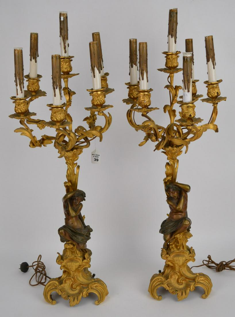 PAIR FRENCH GILT & PANTINATED BRONZE 6 LIGHT (1 of 12)
