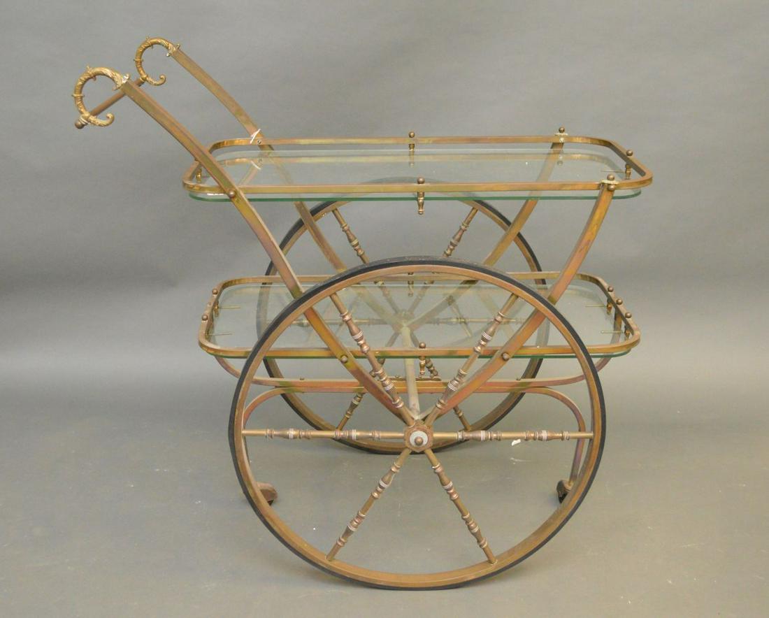 Brass tea cart, 2 shelves, (top brass rim has crack at (1 of 3)