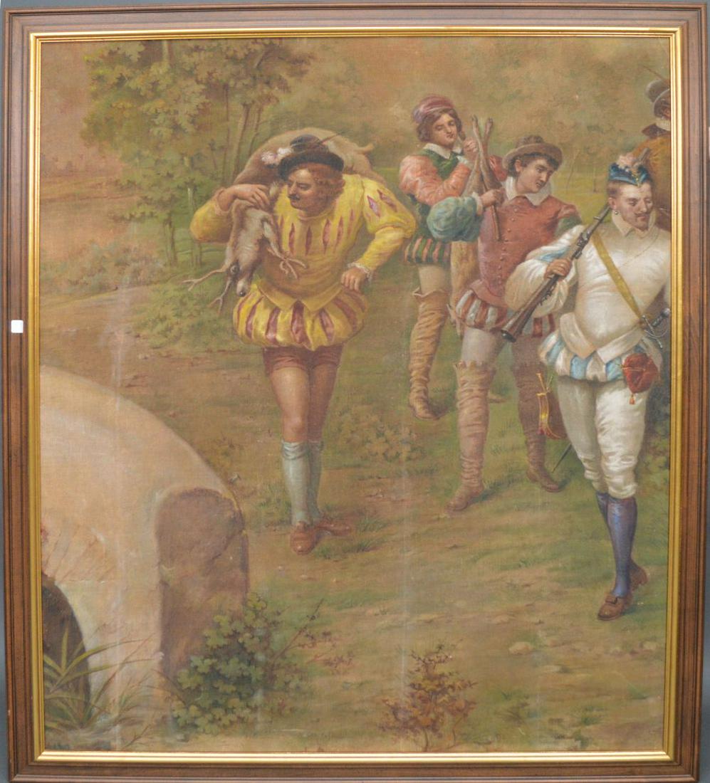 An Italian Renaissance style oil on burlap painting of: An Italian Renaissance style oil on burlap painting of a hunting scene. Depicting four hunters in period costume walking out of the forest, one carrying the product of the hunt, a deer. Executed in to