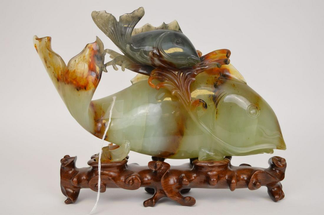 Large Chinese Jade Koi fish on fitted stand, 9" height.: Large Chinese Jade Koi fish on fitted stand, 9" height. Condition: slight roughage.
