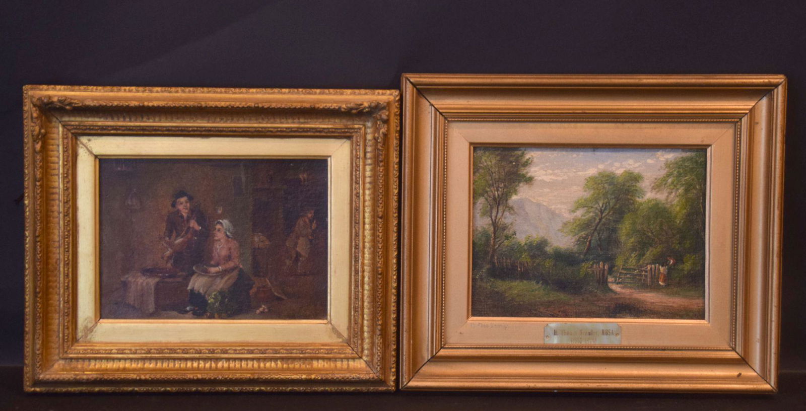 2 Pieces sold together: H Henry Thomas Bromley (United: 2 Pieces sold together: H Henry Thomas Bromley (United Kingdom 1853 - 1924) oil on board interior 9-1/12 x 12 inches sold w/ Bromley Landscape - oil on canvas laid on panel 5-1/2 x 7-1/2 inches framed