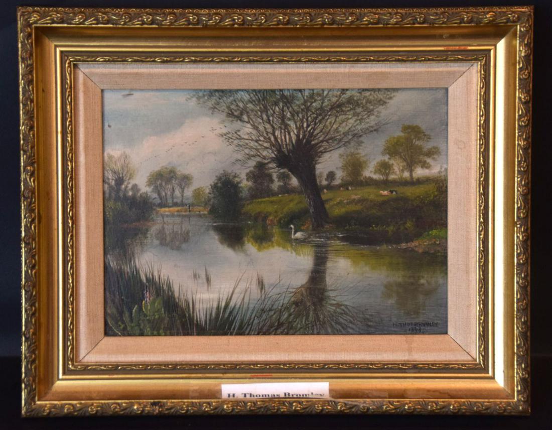 H Henry Thomas Bromley (United Kingdom 1853 - 1924) oil: H Henry Thomas Bromley (United Kingdom 1853 - 1924) oil on panel, Landscape - pond with swan -guy fishing, signed lower right dtd. 1898 overall size 12 x 15 inches