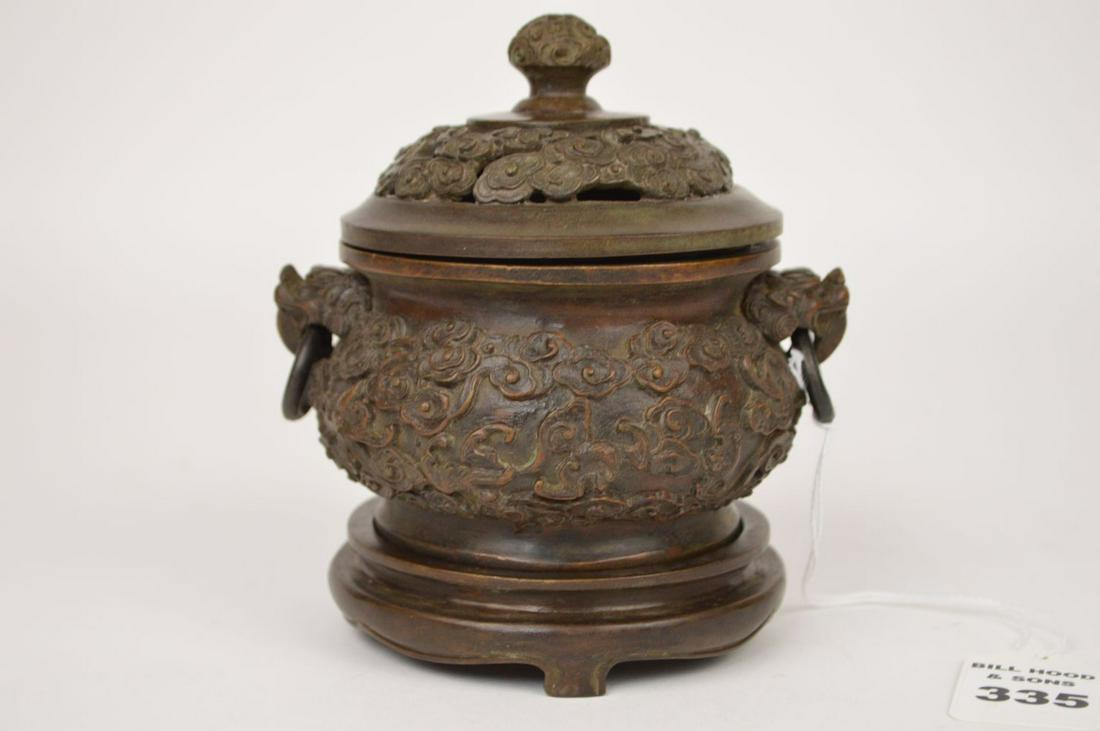 CHINESE QING DYNASTY BRONZE CENSOR with bronze base. (1 of 12)