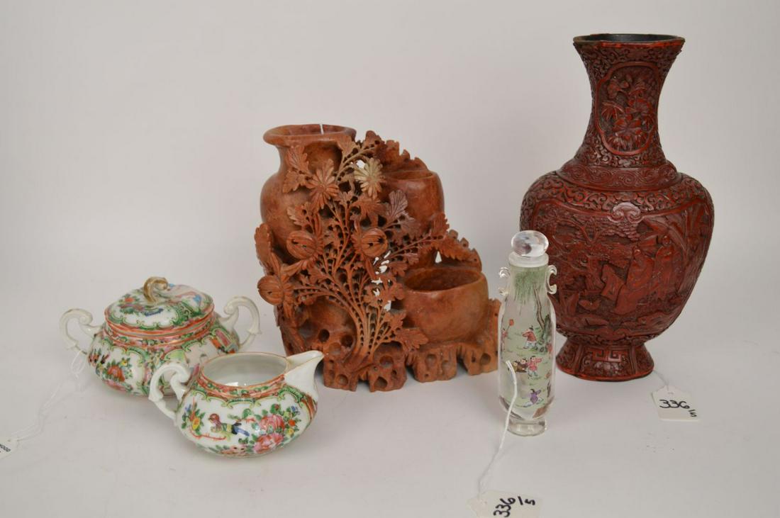 5 CHINESE ARTICLES.  Chinese Cinnabar Vase ( condition (1 of 9)