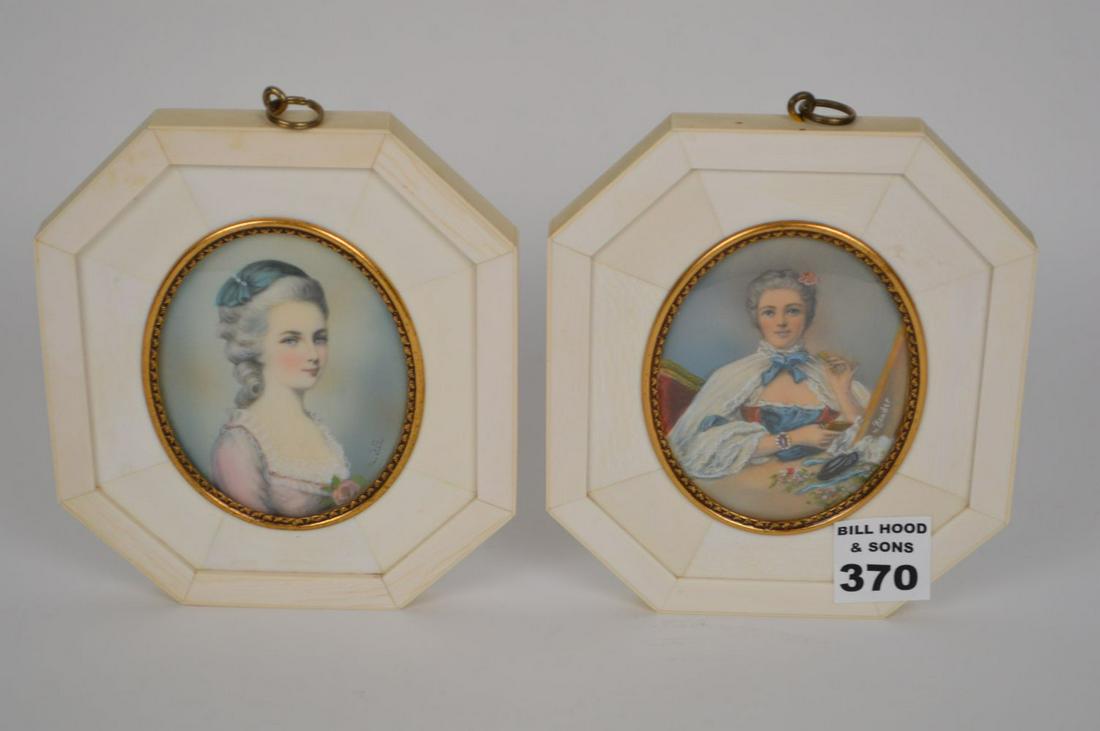 Pair oval miniature female portraits in carved frames (1 of 8)