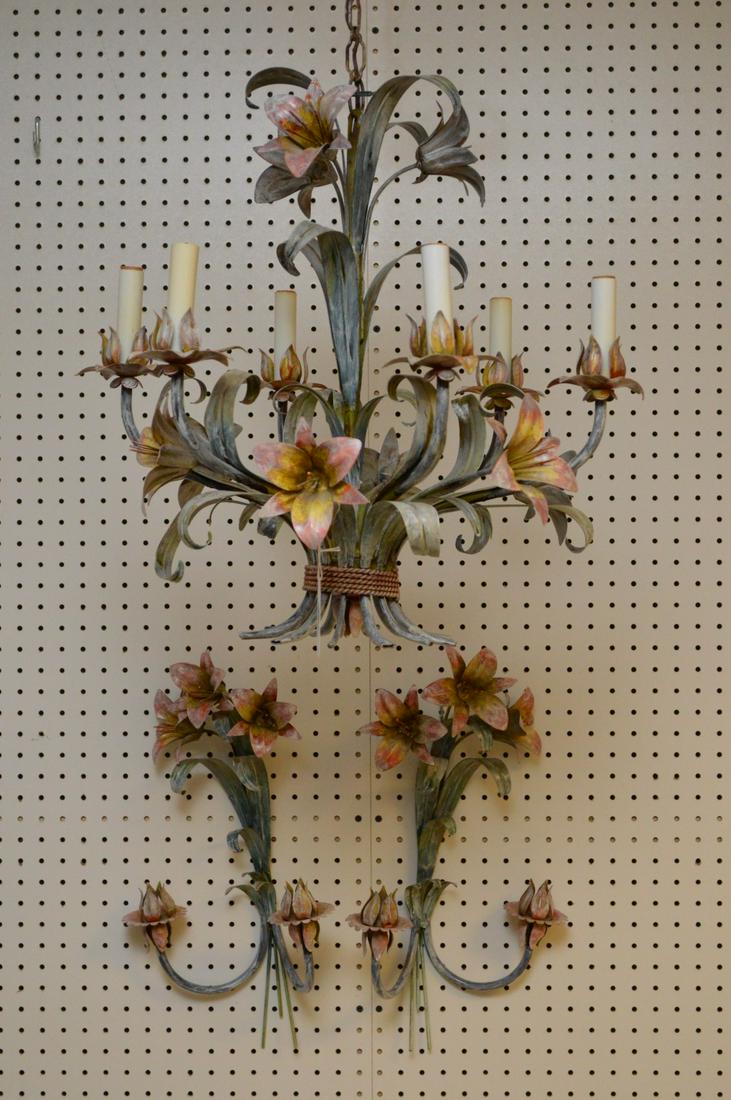 Italian Painted Metal floral lily chandelier & sconces (1 of 6)