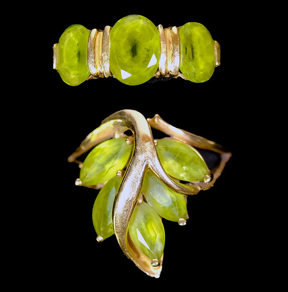 Two 14kt yellow gold ladies rings, each with peridots, (1 of 6)