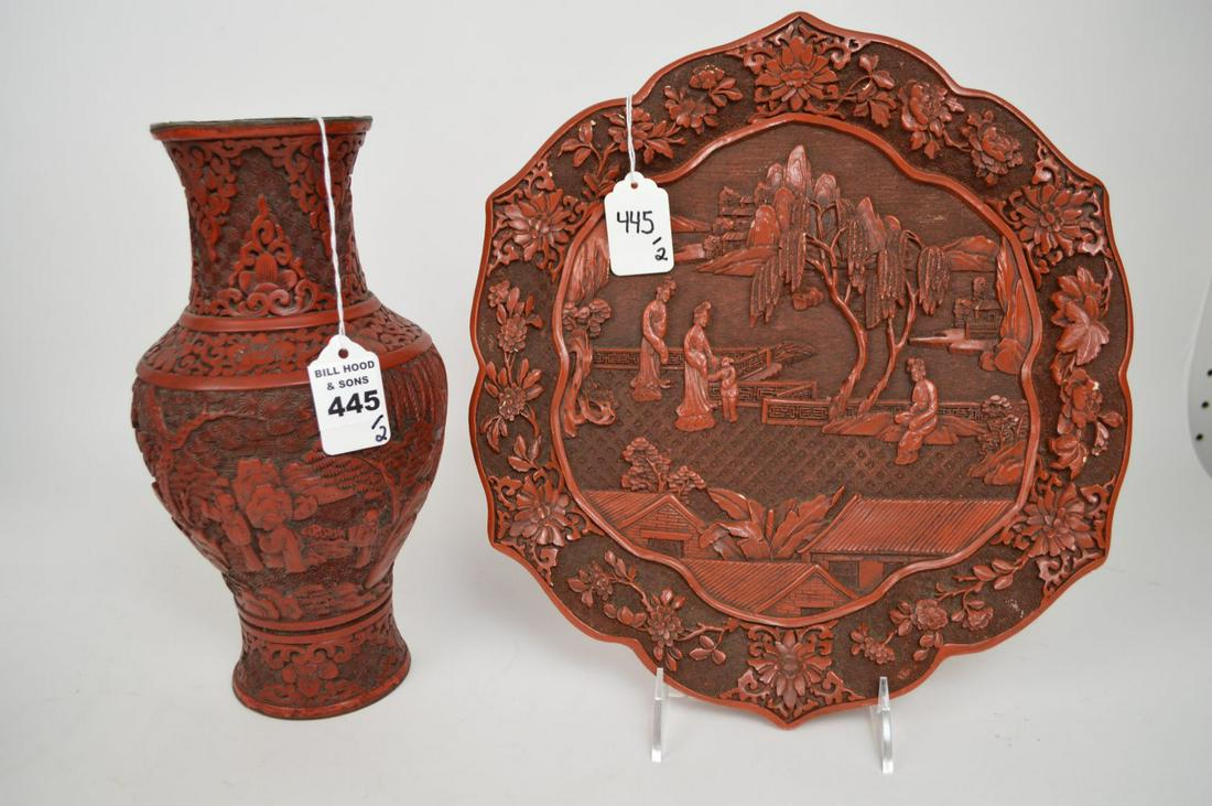 Two Chinese Cinnabar Articles; Plate measures 11" W X (1 of 10)