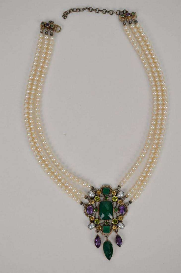 Vintage Pearl Necklace with Jade and Amethyst, Sterling (1 of 6)