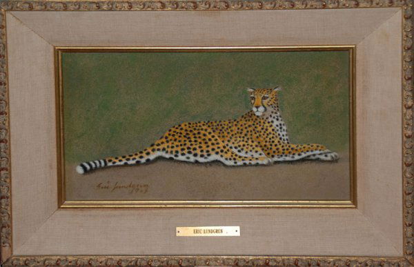 Eric Lundgren (American) 1906 Palm Beach listed a: Eric Lundgren (American) 1906 Palm Beach listed artist "Cheetah" oil on panel, 18" x 24" signed and dated lower left 1968 and on the reverse