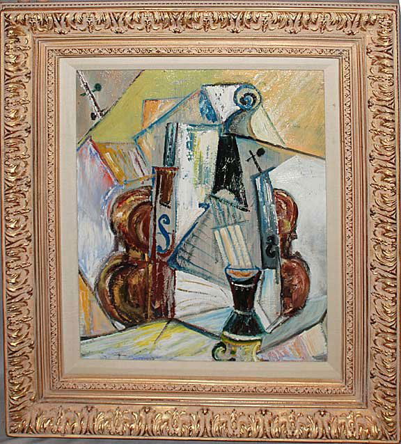 Jack Tworkov American Modernist Painting: Attributed to Jack Tworkov (American 1900-1982) oil on canvas board, Modernist still life musical motif, 16"x20" Signed on Verso "To Sam with Love for Happy Birthday July 1st 1962, Jack Tworkov"