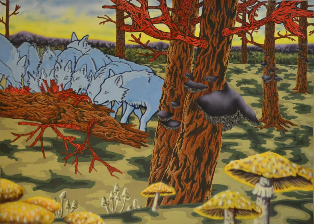 Mala Iqbal "Hungry Wolf Pack" Acrylic On Paper 51" x: Mala Iqbal "Hungry Wolf Pack" Acrylic On Paper 51" x 72" (129.5 x 182.9 cm) . Provenance: Brooklyn Museum. Open House Working In Brooklyn.