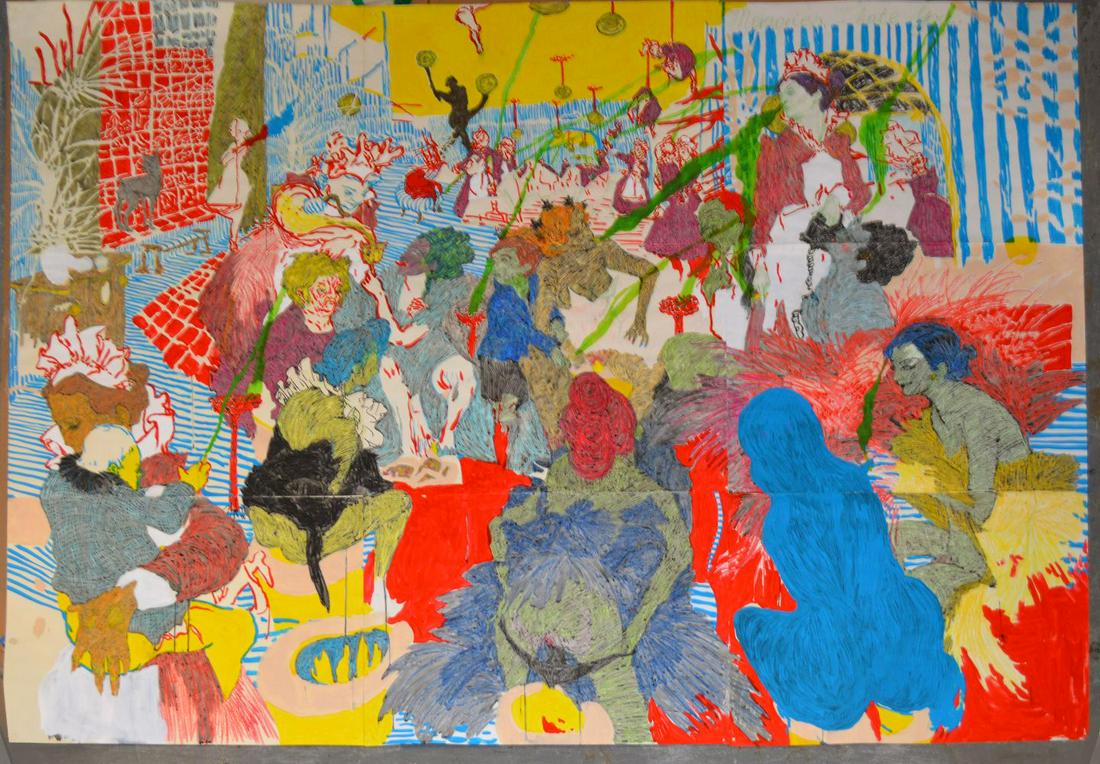 Dasha Shishkin (AMERICAN/RUSSIAN, 1977) crayon & mixed: Dasha Shishkin (AMERICAN/RUSSIAN, 1977) crayon & mixed media on paper. approx. 42 x 84 inches, not framed currently in Large flat box