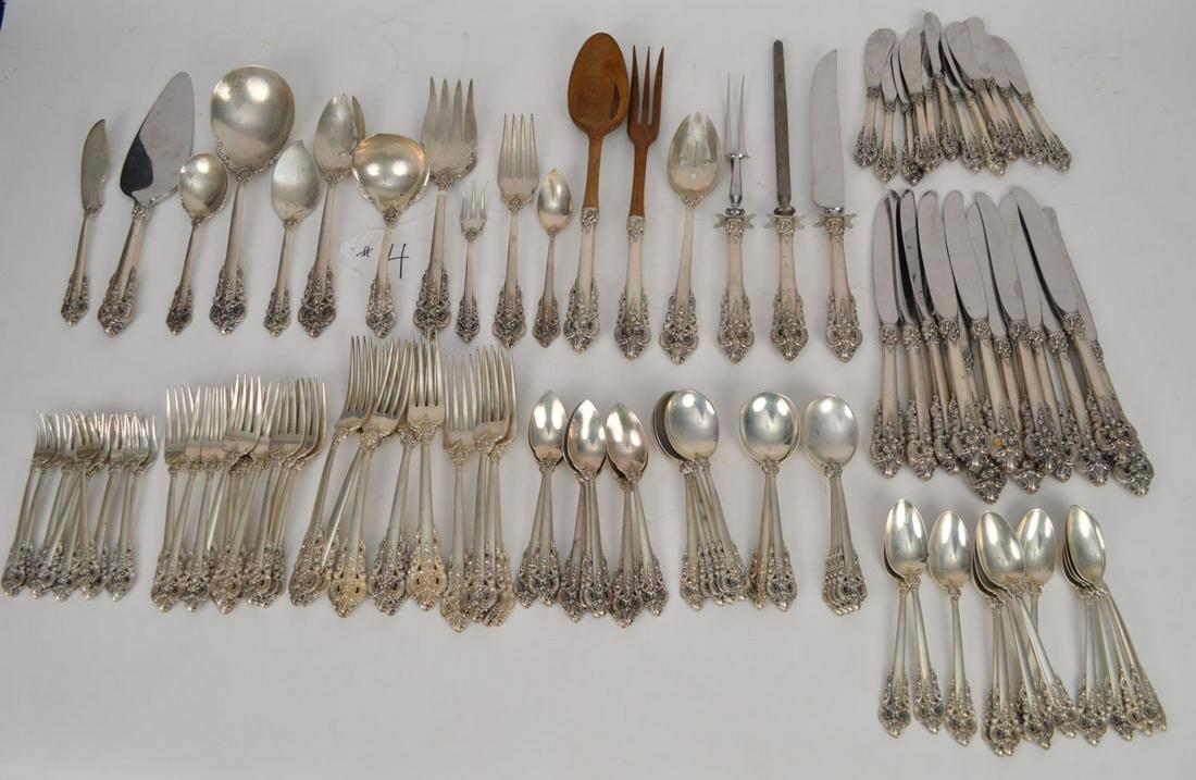 Wallace Sterling Flatware Set, Grand Baroque, incl; 12: Wallace Sterling Flatware Set, Grand Baroque, incl; 12 dinner knives, 12 dinner forks, 11 salad forks, 12 teaspoons, 12 cocktail/seafood forks, 12 soup spoons, 11 fruit spoons, 12 butter knives, 2 pie