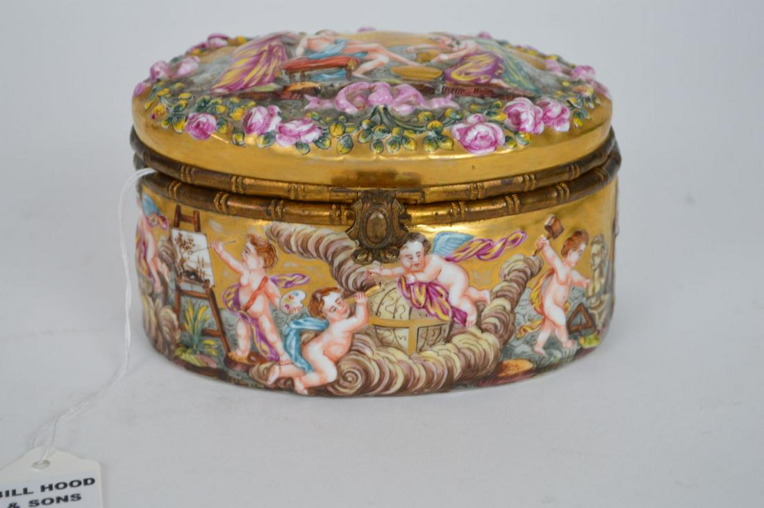 ANTIQUE CAPODIMONTE PORCELAIN BOX WITH BAMBOO FORM: ANTIQUE CAPODIMONTE PORCELAIN BOX WITH BAMBOO FORM METAL HINGE MOUNTS, 3 1/2"H x 5 1/2"W x 4"D