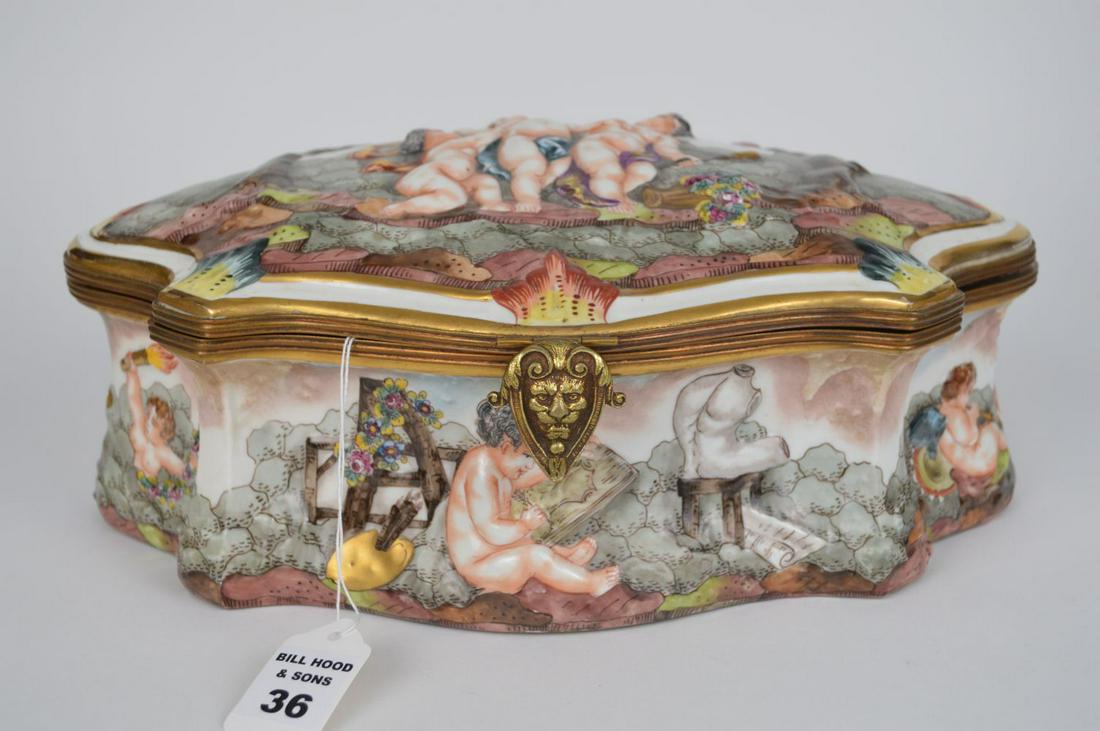 LARGE CAPODIMONTE PORCELAIN & BRONZE BOX, 6"H x 13"W x: LARGE CAPODIMONTE PORCELAIN & BRONZE BOX, 6"H x 13"W x 9"D Condition: no issues identified.