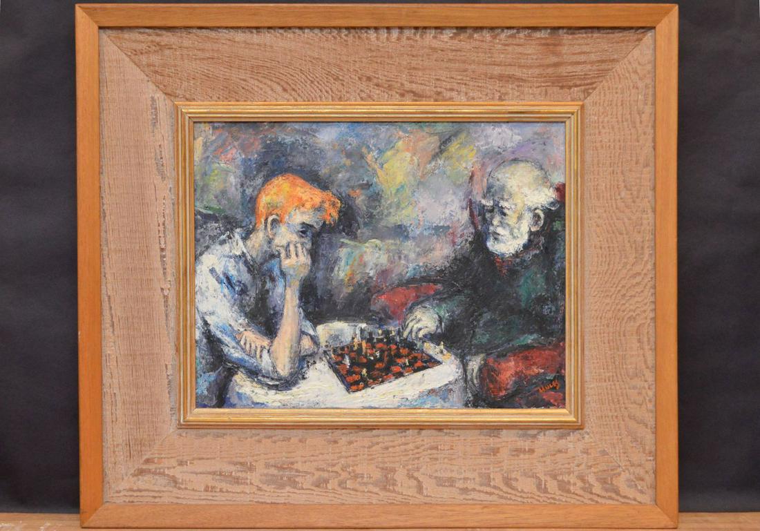 Mervin Jules (American 1912 - 1994) oil on: Mervin Jules (American 1912 - 1994) oil on board/Masonite. Chess Match, 12 x 16 inches sold with Mervin Jules Orchestra lithograph