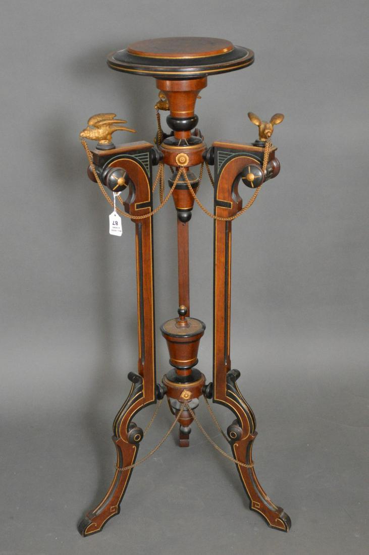 Eastlake Stand, Ebony & Mahogany with gilt metal: Eastlake Stand, Ebony & Mahogany with gilt metal accents on trifed supports, 37"h x 11"w