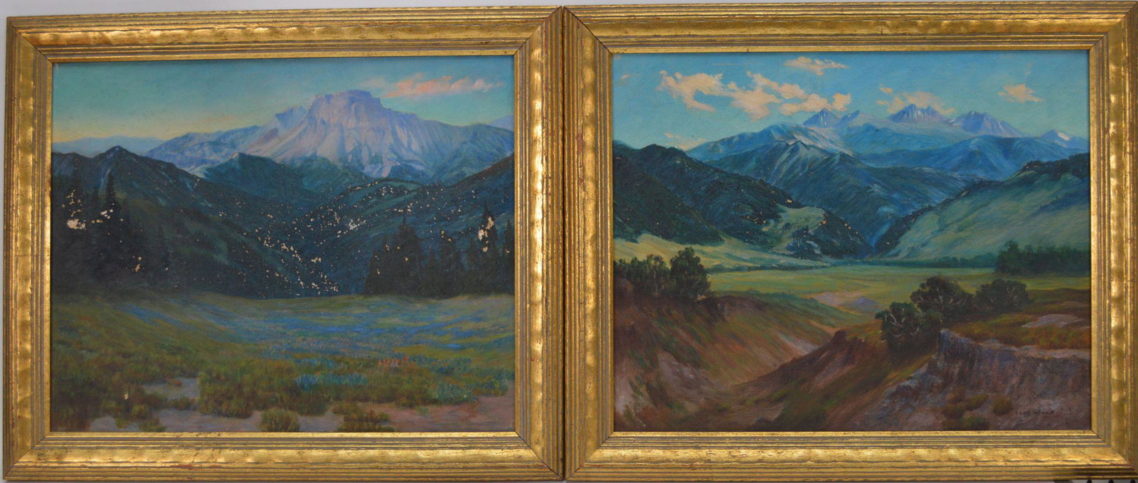 Pair of Paintings by Lone Wolf (AMERICAN, 1882–1965): Pair of Paintings by Lone Wolf (AMERICAN, 1882–1965) Two oil on board Western Mountain Scenes, both 16 x 20 inches. original frames, lots of paint-loss.