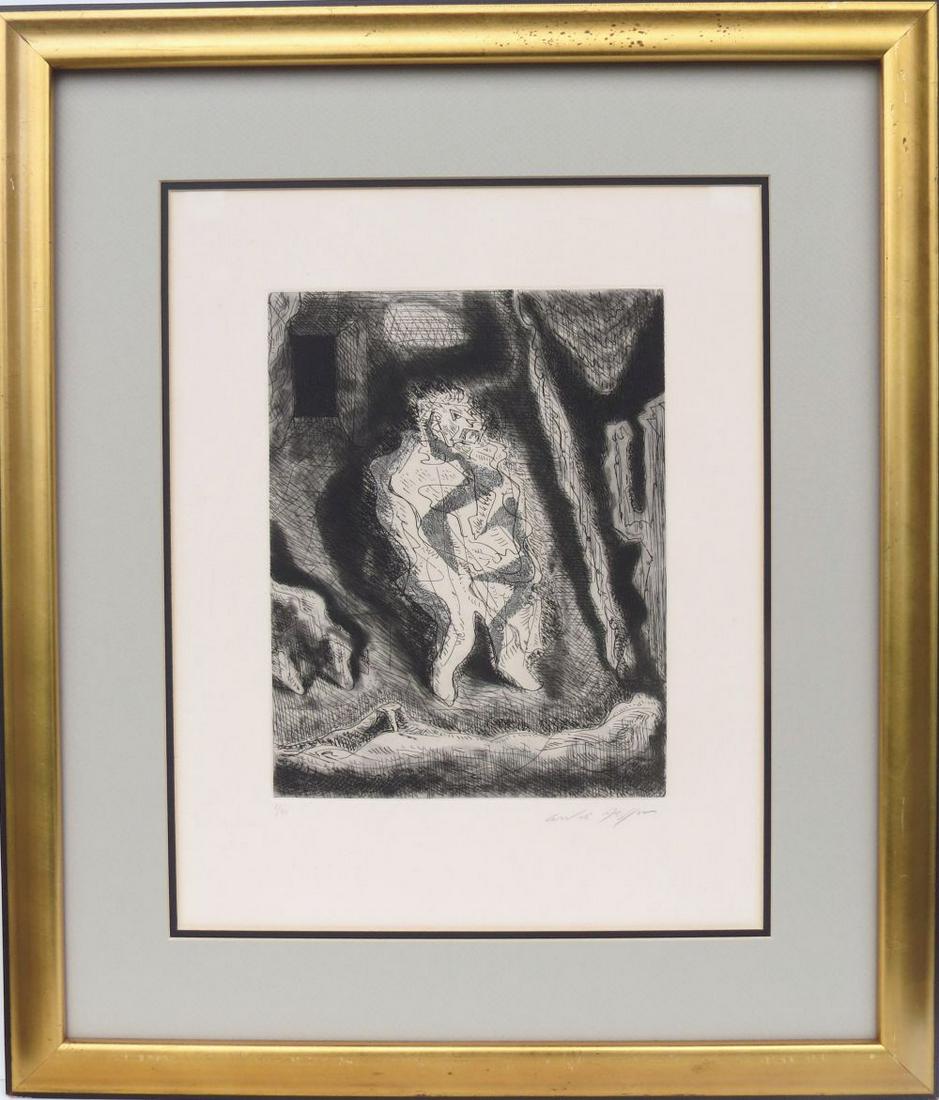 ANDRE MASSON, (France/ USA, 1896-1987), Original: ANDRE MASSON, (France/ USA, 1896-1987), Original Etching on Paper, Surrealist Man in an Interior, 13 ¼ inches x 10 ¼ inches plate size, with margins 19 ¼ inches x 15 ¼ inches (sight), matted and f