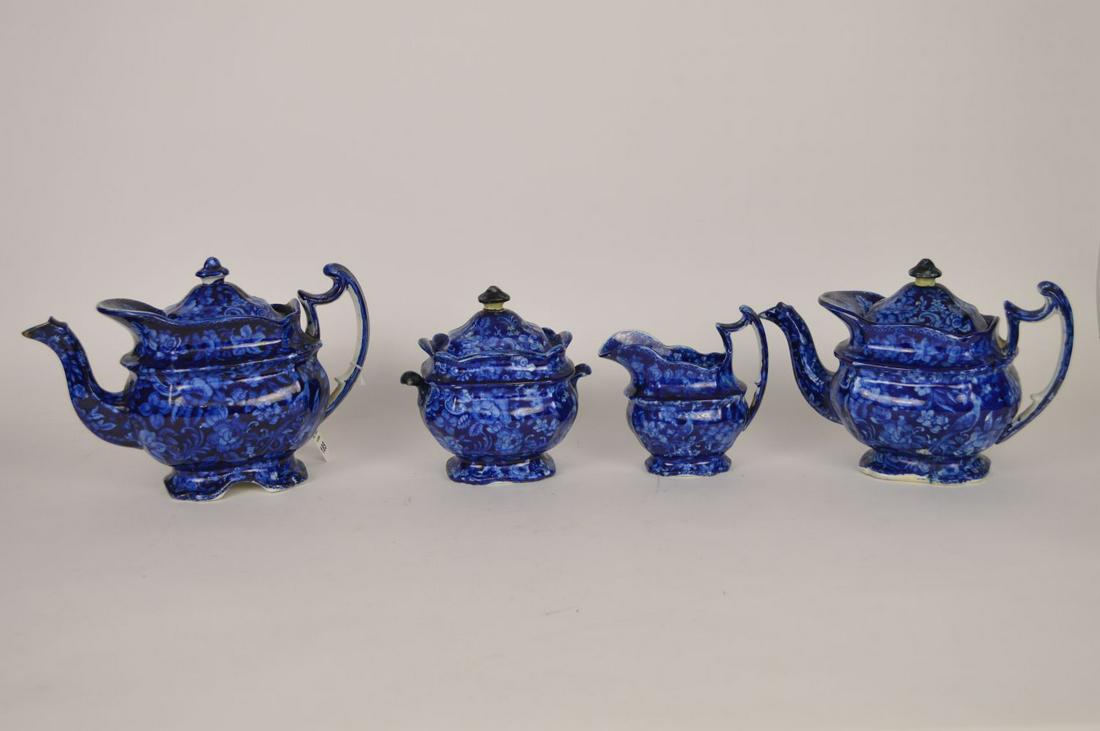 4 PIECE ENGLISH PORCELAIN TEA SET, 4-piece Blue & White: 4 PIECE ENGLISH PORCELAIN TEA SET, 4-piece Blue & White Floral Print, 6” x 9” H.