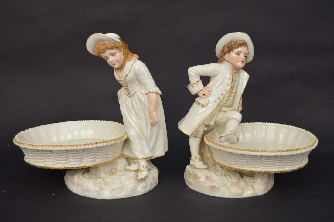 PAIR ROYAL WORCESTER FIGURAL PORCELAIN SWEET MEAT: PAIR ROYAL WORCESTER FIGURAL PORCELAIN SWEET MEAT DISHES, 8"H x 6"W x 7"D