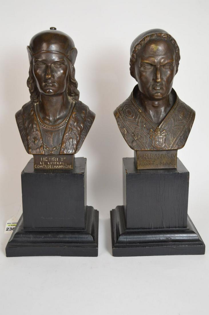 TWO BRONZE BUSTS, Charles Janson, French (1823-1881),: TWO BRONZE BUSTS, Charles Janson, French (1823-1881), on platforms, fronts read Henri Ier, Le Liberal, Comtede Champagne (Henry the Liberal Count of Champagne, 1127-1181) and Vrbanvs.I.V., Pont. Max.