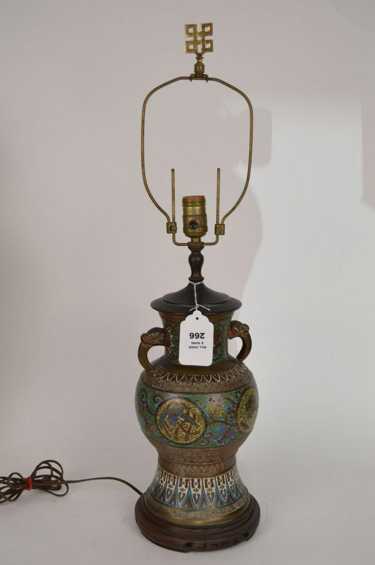 VINTAGE CLOISONNE TABLE LAMP, BEAUTIFUL MULTICOLOR: VINTAGE CLOISONNE TABLE LAMP, BEAUTIFUL MULTICOLOR ENAMELS WITH GREEK KEY BORDERS, 19 1/2"H TO TOP OF EMPTY SOCKET