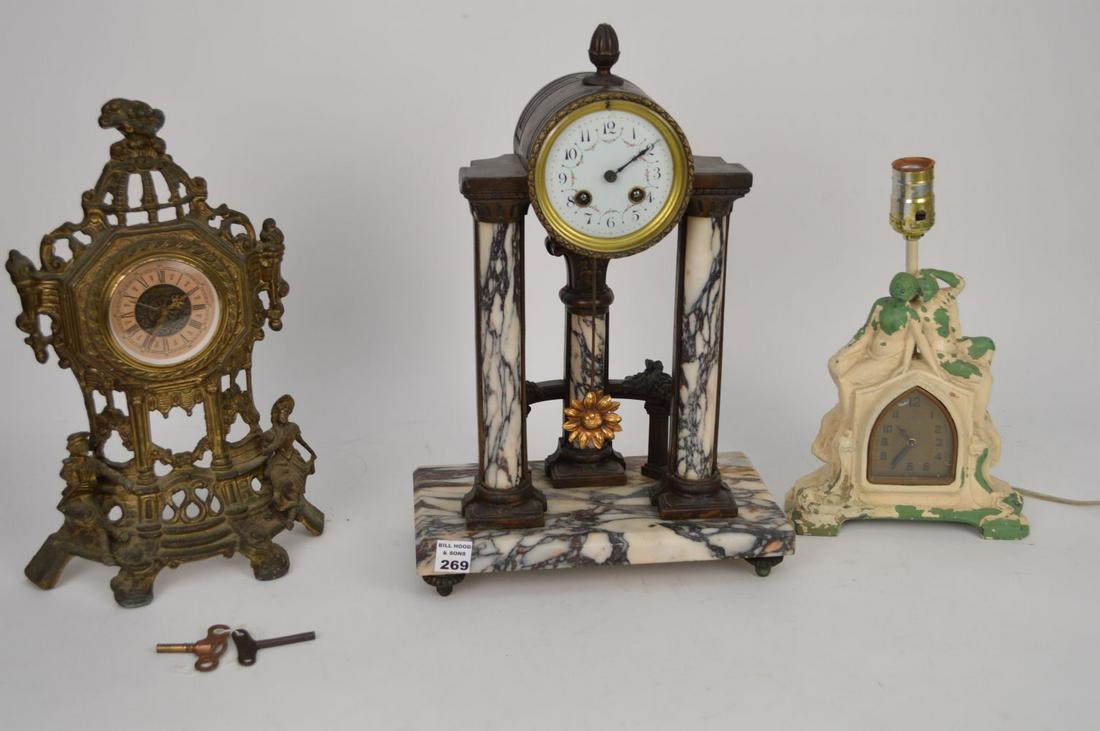 3 clocks, Marble Shelf Clock, 19th c. Empire, 3: 3 clocks, Marble Shelf Clock, 19th c. Empire, 3 columns, porcelain face, (16"h x 9"w x 5 1/2"d) and 2 vintage figural clocks (paint loss and not working)