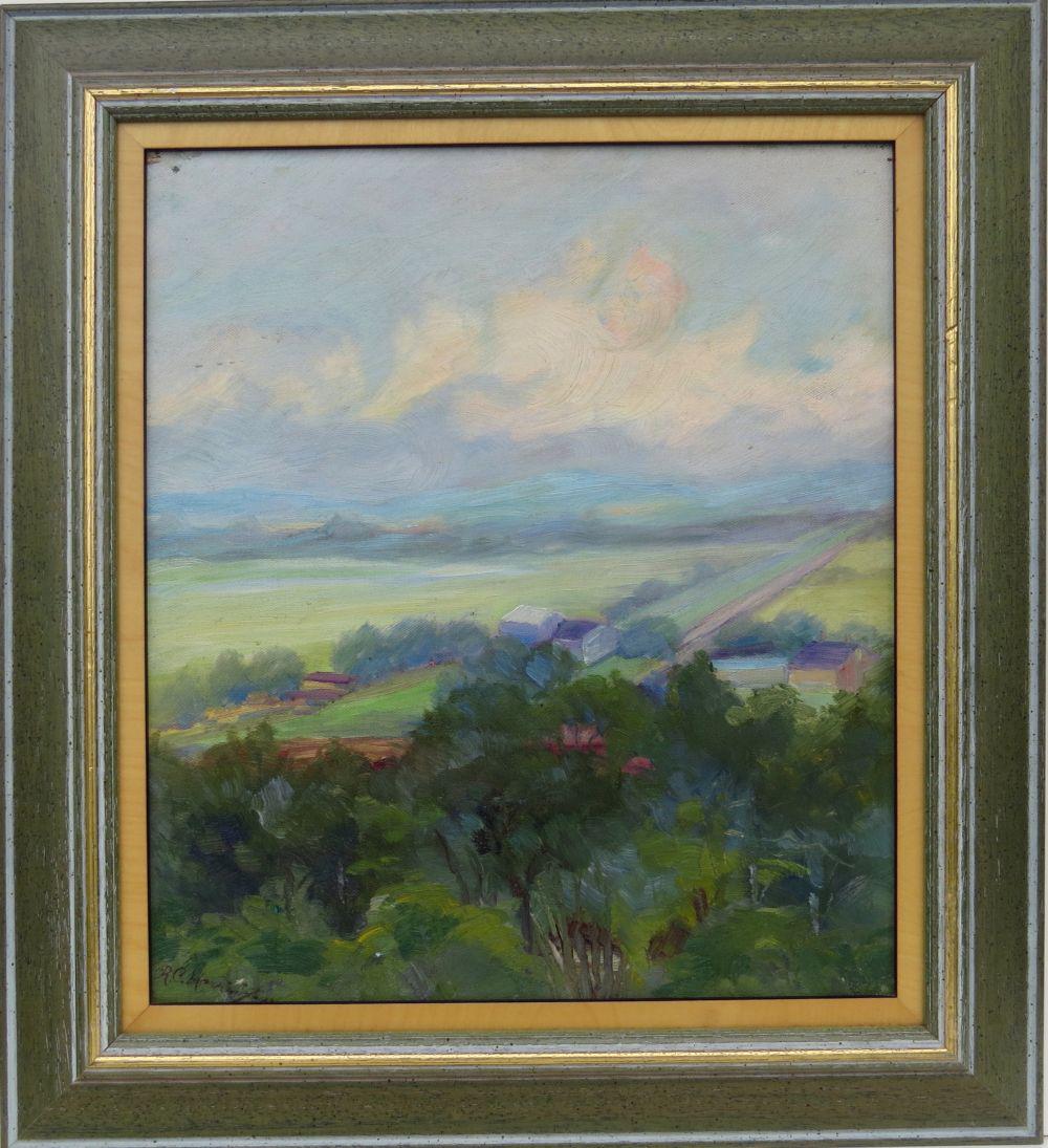 R. C. HARRINGTON, (Rebecca Christina: R. C. HARRINGTON, (Rebecca Christina Harrington,Toronto, Canada, 1869-1930), O/B, Expansive Landscape with Lake, 16 inches x 14 inches, framed 21 ¼ inches x 19 ¼ inches overall, signed ÂR. C.