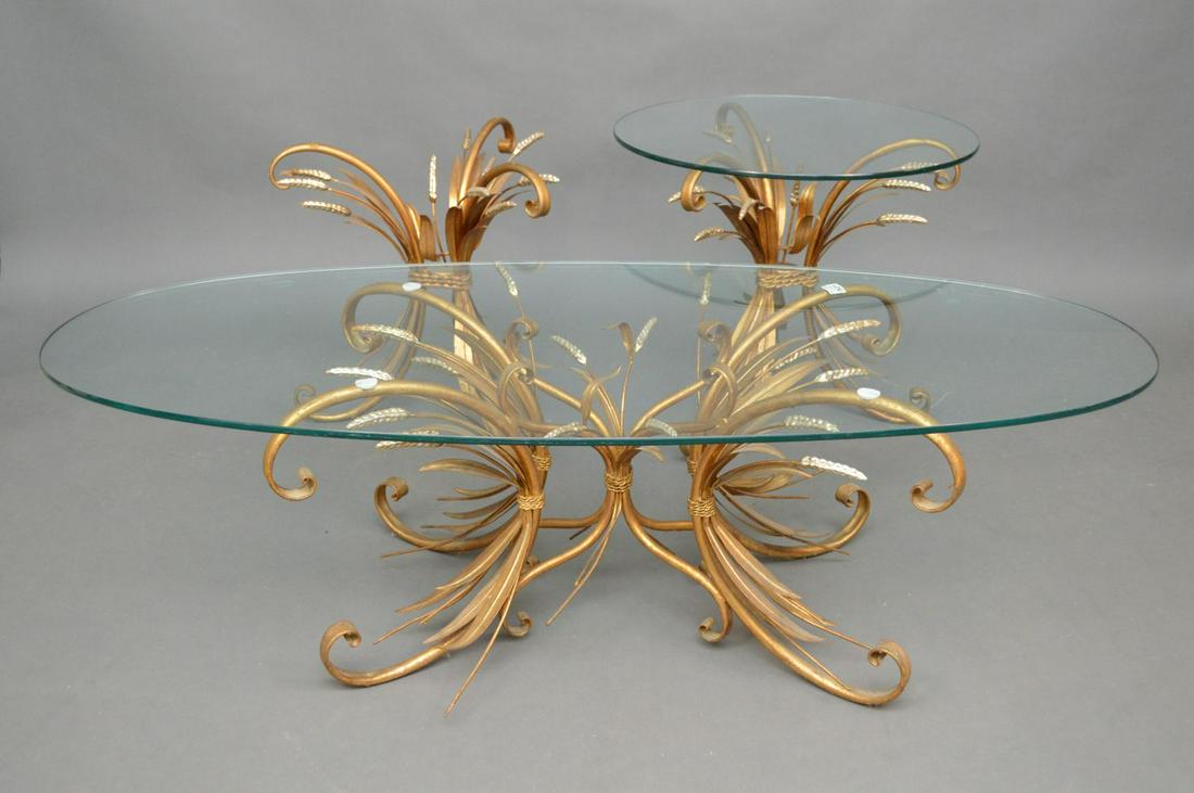 Gilt metal wheat bases, Hollywood Regency Style: Gilt metal wheat bases, Hollywood Regency Style (missing glass top on one) 15" x 36" coffee table, end tables 19" H