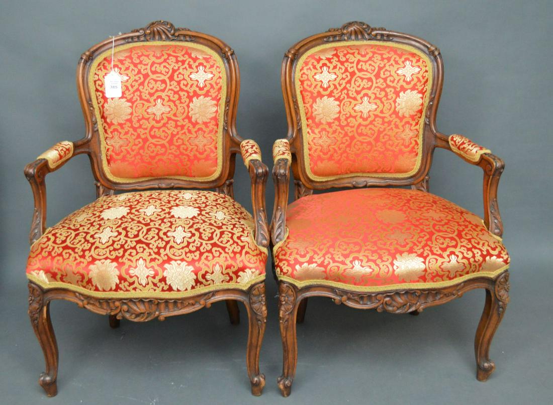 Pair French Carved Walnut & Upholstered Arm Chairs, red: Pair French Carved Walnut & Upholstered Arm Chairs, red & gold scrolling, 36"h x 24"w x 20"d