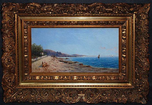 Lev Felixovich Lagorio ( Russian 1827-1905) Oil: Russian Painting attributed to Lev Felixovich Lagorio (RUSSIAN, 1827-1905) oil on canvas, shoreline small boats and figures, 6-1/2" x 12"