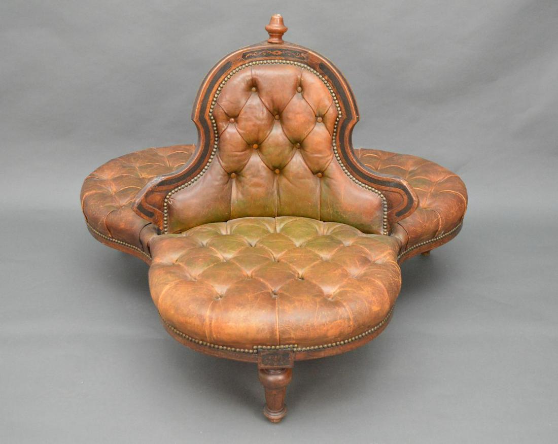 19th c. Continental Chaperone "Seat", walnut frame with: 19th c. Continental Chaperone "Seat", walnut frame with 3 tufted leather attached chairs and backs, brass nail heads, 14"h floor to seat, 35"h overall