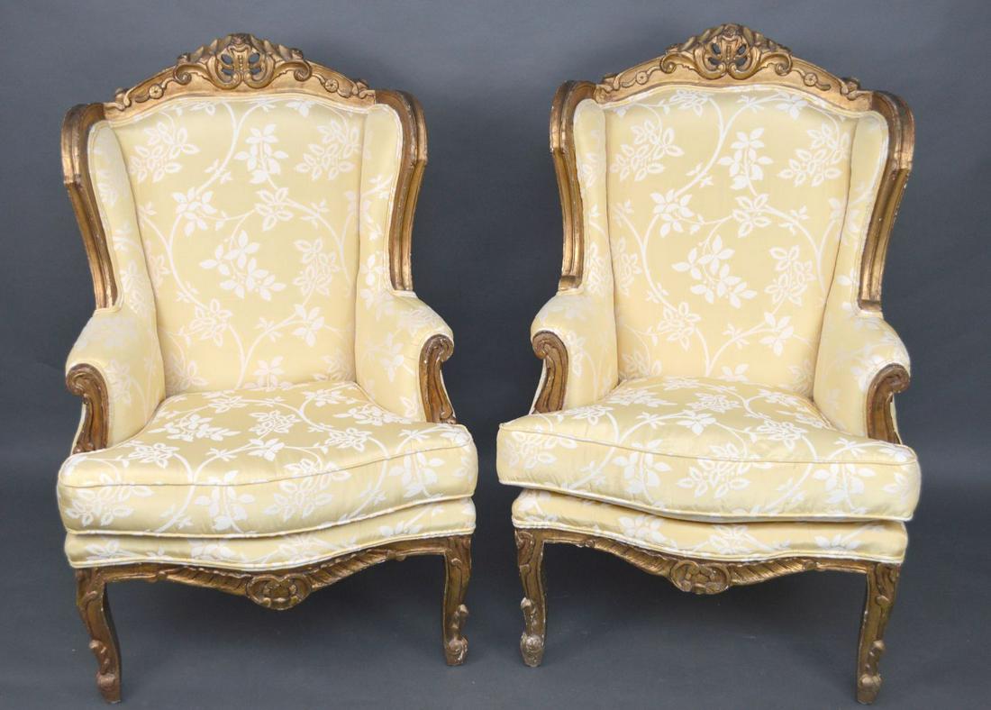 Pair Arm Chairs, Slight Wingback, gilded & carved,: Pair Arm Chairs, Slight Wingback, gilded & carved, Yellow and Cream silk upholstery (good condition)
