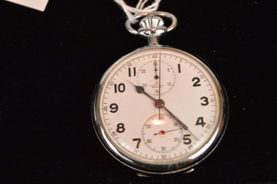 Breitling Switzerland Circa 1950s Pocket Watch.: Breitling Switzerland Circa 1950s Pocket Watch. Case: 50 mm, chrome plated steel, two leaf polished open face case with push button fluted steel pendant with round bow at the twe