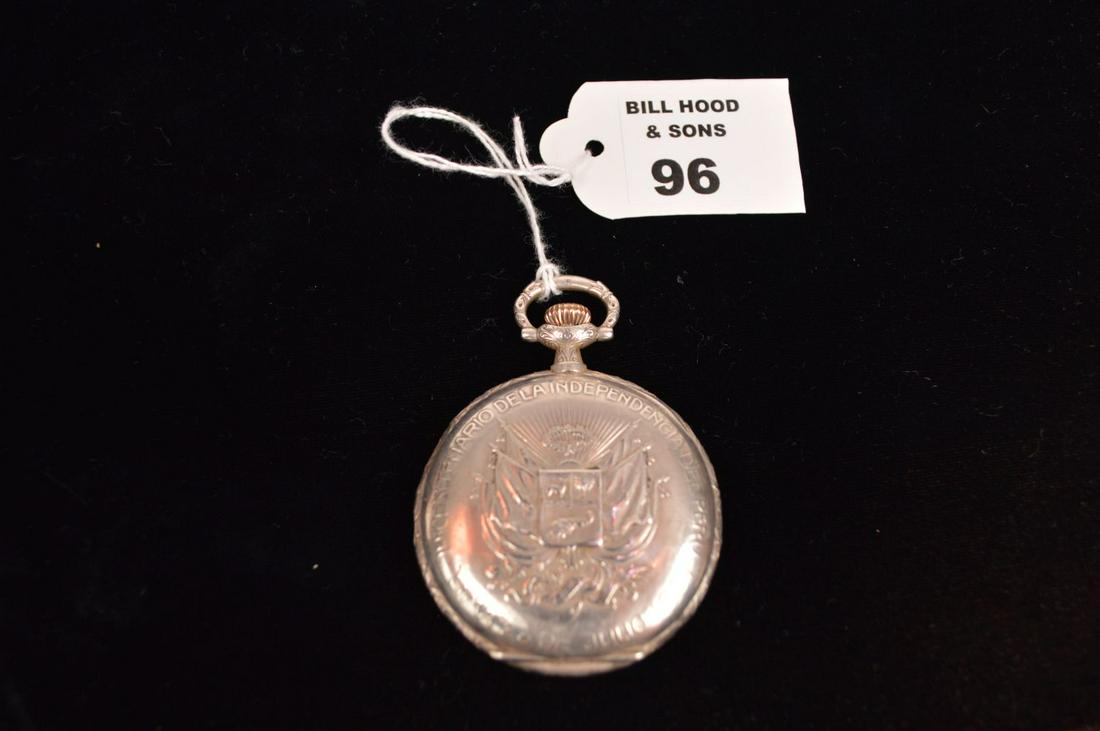 Longines: Longines Pocket Watch Company of St. Imier, Switzerland, and retailed by G. WELSCH & Co., Lima, Peru, circa 1921. Case: 50mm diameter, four leaf, silvered hunting case pocket w