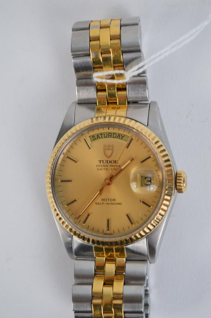 Tudor Two Tone Oyster Prince Day Date Watch. Rotor self: Tudor Two Tone Oyster Prince Day Date Watch. Rotor self winding. 35mm not including crown Stainless Steel. Original Oyster Case By Rolex with Rolex Crown. Condition working normal wear