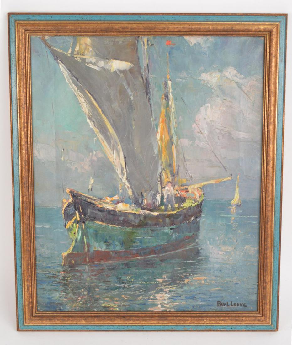 Paul Leduc (Belgium) oil on canvas, St. Tropez Sailboat: Paul Leduc (Belgium 1876 - 1943) oil on canvas, St. Tropez Sailing, signed lower right, Signed and titled on reverse- Barques De Peches St Tropez 1931.The canvas size is 18-1/4 x 15-1/8 inch