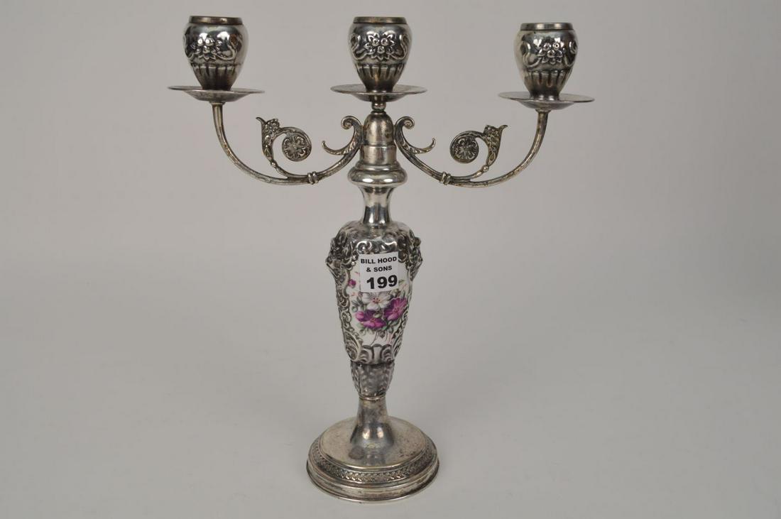 Single silver metal candelabra double branch with: Single silver metal candelabra double branch with porcelain